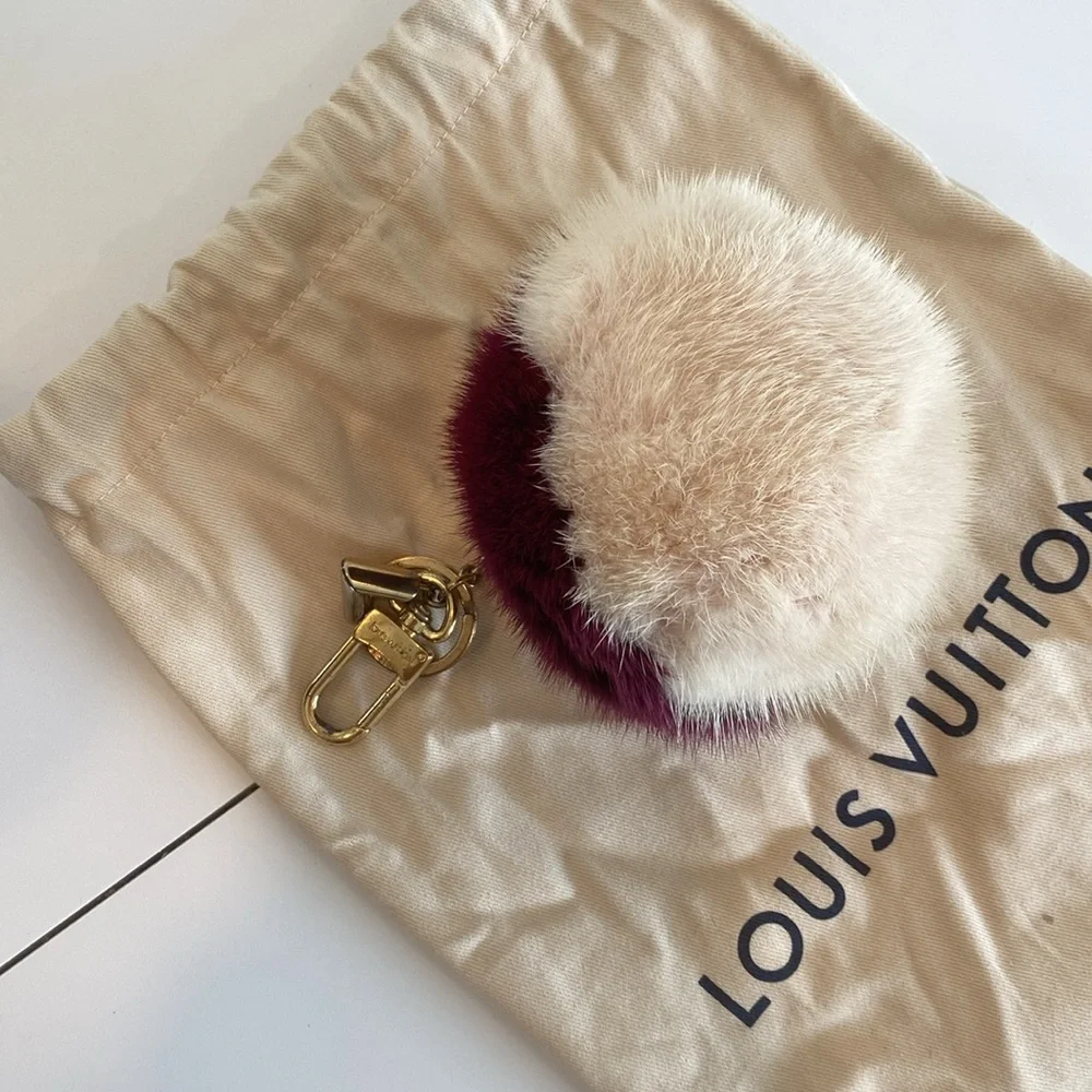 Louis Vuitton Two-Tone Fur Pom Pom Key Holder in Cream and Deep Berry